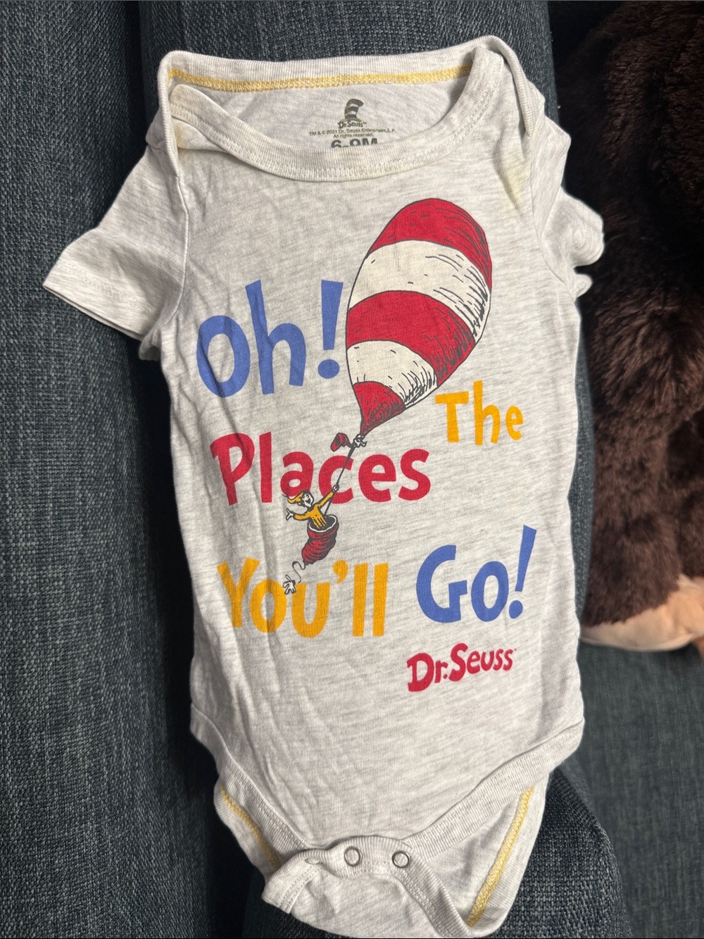 Dr. Seuss Light Gray One-Piece with Red, Blue & Yellow Graphic